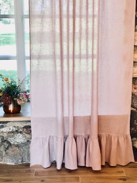 Linen Curtain Panel With Ruffle, Dusty Pink Window Curtains, Drapes, Panels, Boho - image 1