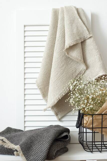 Linen Cotton Waffle Towel With Fringes, Black Bath Linen, Natural Sheet - image 1