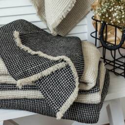 Linen Cotton Waffle Towel With Fringes, Black Bath Linen, Natural Sheet - thumbnail 4