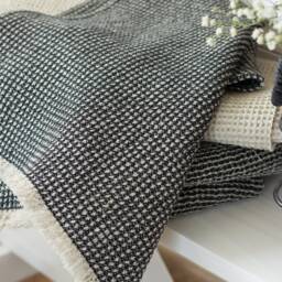 Linen Cotton Waffle Towel With Fringes, Black Bath Linen, Natural Sheet - thumbnail 3