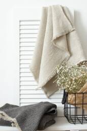 Linen Cotton Waffle Towel With Fringes, Black Bath Linen, Natural Sheet