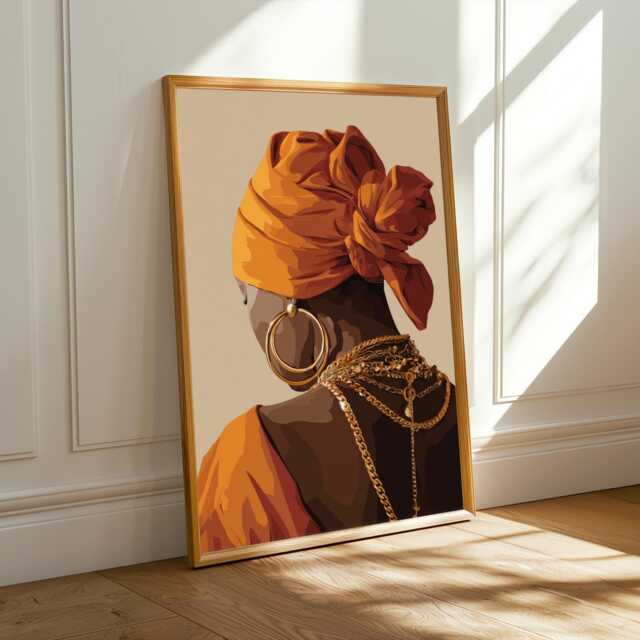 Afrocentric Woman Portrait Print Orange Headwrap, Modern Boho Art - Poster Only - image 1
