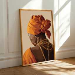 Afrocentric Woman Portrait Print Orange Headwrap, Modern Boho Art - Poster Only - thumbnail 1