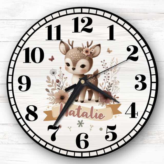 Floral Woodland Animal Baby Deer Personalised Gift For Kid's Bedroom Clock - Kids Clock, Children's , Custom Wall - image 1