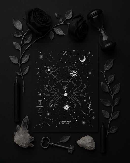 Cancer Zodiac Constellation Silver Foil Wall Art Print, Celestial Horoscope Decor, Astrology Star Sign, Black Minimal Gift - image 1