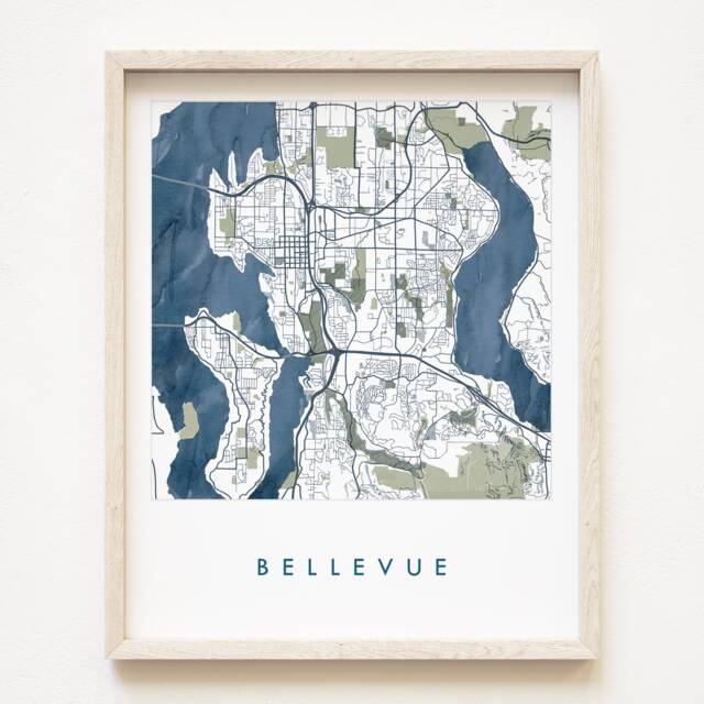 Bellevue Washington Map Watercolor Wash City - Art Print Wedding Realtor Gift Wall Seattle Lake Sammamish Mercer Island - image 1