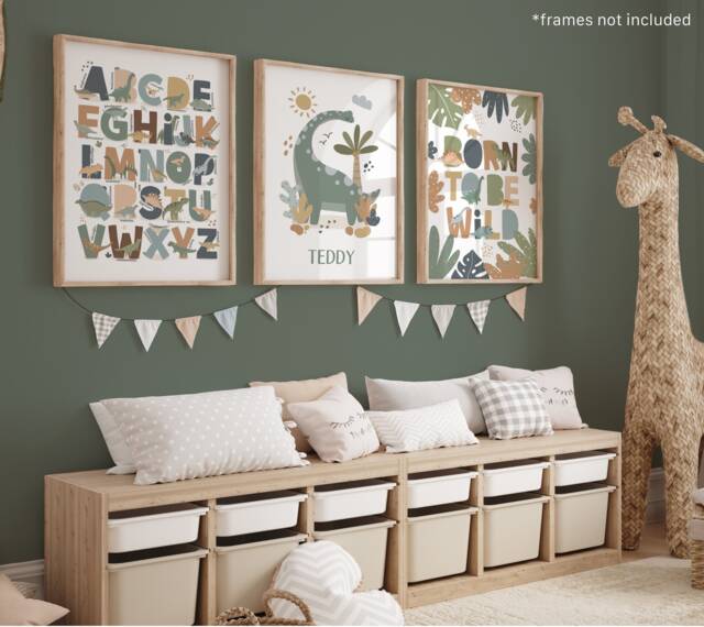 Set Of 3 Personalised Dinosaur Posters, Born To Be Wild, Alphabet Print, Chart Bedroom Decor, Playroom Prints - image 1