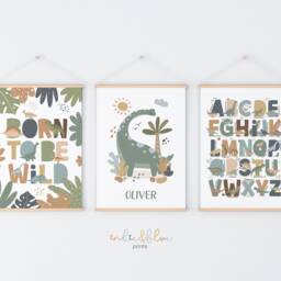 Set Of 3 Personalised Dinosaur Posters, Born To Be Wild, Alphabet Print, Chart Bedroom Decor, Playroom Prints - thumbnail 2