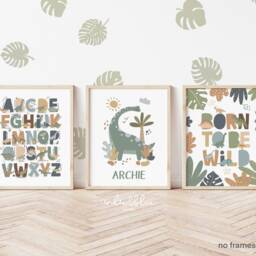 Set Of 3 Personalised Dinosaur Posters, Born To Be Wild, Alphabet Print, Chart Bedroom Decor, Playroom Prints - thumbnail 3