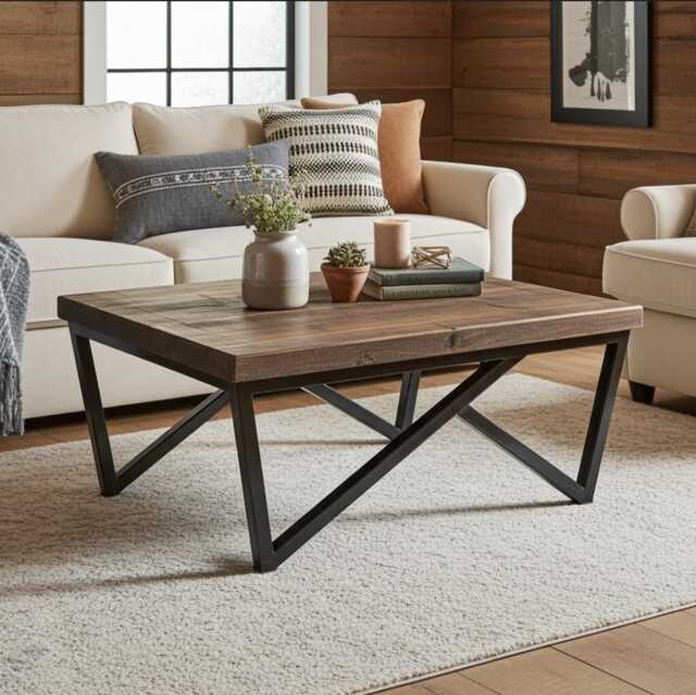 Handmade Industrial Coffee Table Reclaimed Wood & Steel - image 1