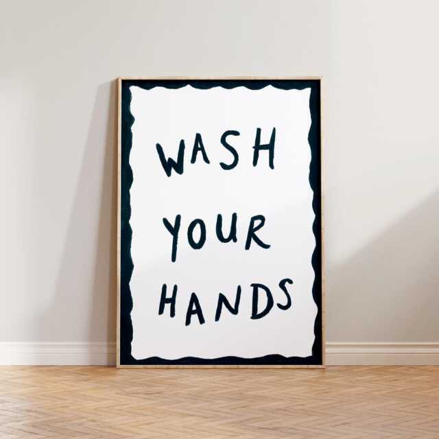 Bathroom Wall Art, Toilet Print, Blue Wash Your Hands Hand Painted Decor, Loo Prints, Dark Poster - image 1