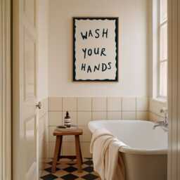 Bathroom Wall Art, Toilet Print, Blue Wash Your Hands Hand Painted Decor, Loo Prints, Dark Poster - thumbnail 3