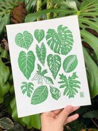 Leaves - Houseplants Original Lino Leaf Art Print Hand Carved Plants - thumbnail 1