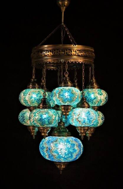 Lamptastico Large Modern Turkish Moroccan Style Mosaic Glass Chandelier Set Of 9