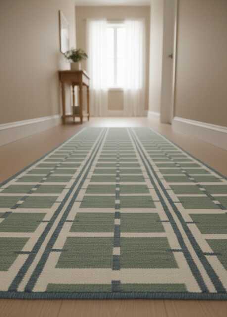 Handmade Scandinavian Kilim Runner Rug - Geometric Wool Flatweave, Blue Green, Swedish Boho Home Decor - image 1