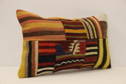 Vintage Turkish Kilim Lumbar Pillow Cover, Patchwork Wool Cushion - 12x20 In
