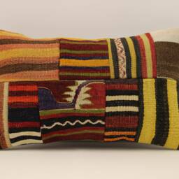 Vintage Turkish Kilim Lumbar Pillow Cover, Patchwork Wool Cushion - 12x20 In - thumbnail 2
