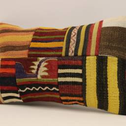 Vintage Turkish Kilim Lumbar Pillow Cover, Patchwork Wool Cushion - 12x20 In - thumbnail 3