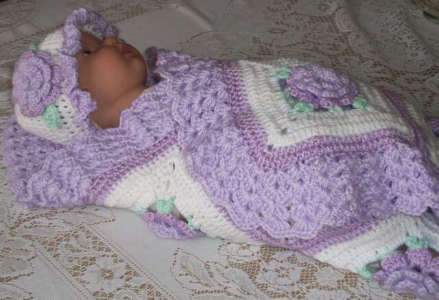Crochet Baby Girl Blanket Lavender 3D Rose Flower Afghan & Matching Hat Perfect For Babyshower Or Newborn Cominghome Gift - image 1