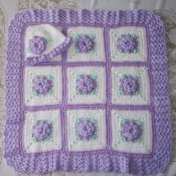 Crochet Baby Girl Blanket Lavender 3D Rose Flower Afghan & Matching Hat Perfect For Babyshower Or Newborn Cominghome Gift - thumbnail 2