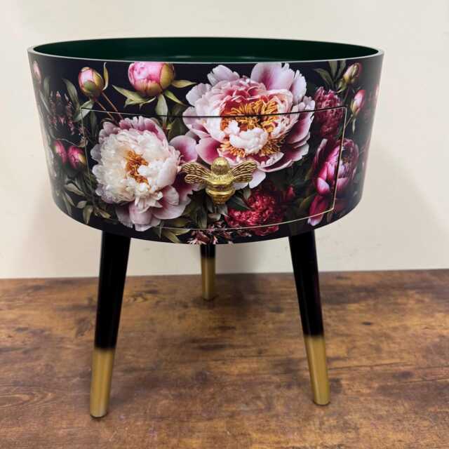 Round Bedside Table , Black Green & Gold Nightstand With Baroque Floral Design, Moody Home Decor. Side Storage Drawer - image 1