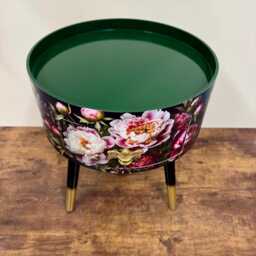 Round Bedside Table , Black Green & Gold Nightstand With Baroque Floral Design, Moody Home Decor. Side Storage Drawer - thumbnail 4
