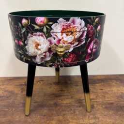 Round Bedside Table , Black Green & Gold Nightstand With Baroque Floral Design, Moody Home Decor. Side Storage Drawer