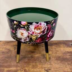 Round Bedside Table , Black Green & Gold Nightstand With Baroque Floral Design, Moody Home Decor. Side Storage Drawer - thumbnail 2