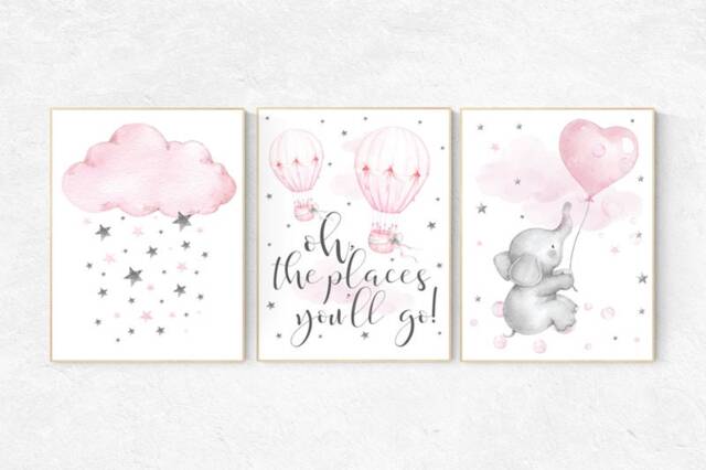 Elephant Nursery Decor Pink Hot Air Balloon, Cloud & Stars Art Print - image 1