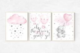 Elephant Nursery Decor Pink Hot Air Balloon, Cloud & Stars Art Print - thumbnail 1
