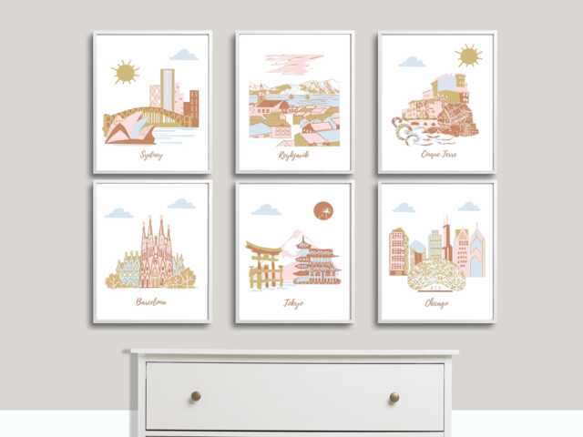 Cityscape Nursery Art Prints Travel Theme Decor, Set Of 6 - image 1