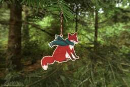 Fox in Scarf Wooden Decoration/Woodland Animal Christmas Tree Ornament Winter Gift Holiday Stocking Filler - thumbnail 1