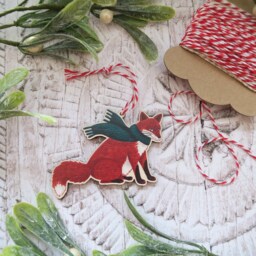 Fox in Scarf Wooden Decoration/Woodland Animal Christmas Tree Ornament Winter Gift Holiday Stocking Filler - thumbnail 3