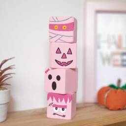 Pink Halloween Baby Shower & Birthday Wood Block, Cute Nursery & Girls Room Wooden Sign Decor/Pumpkin, Ghost, Mummy, Frankenstein - thumbnail 4
