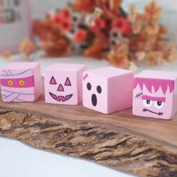 Pink Halloween Baby Shower & Birthday Wood Block, Cute Nursery & Girls Room Wooden Sign Decor/Pumpkin, Ghost, Mummy, Frankenstein - thumbnail 2