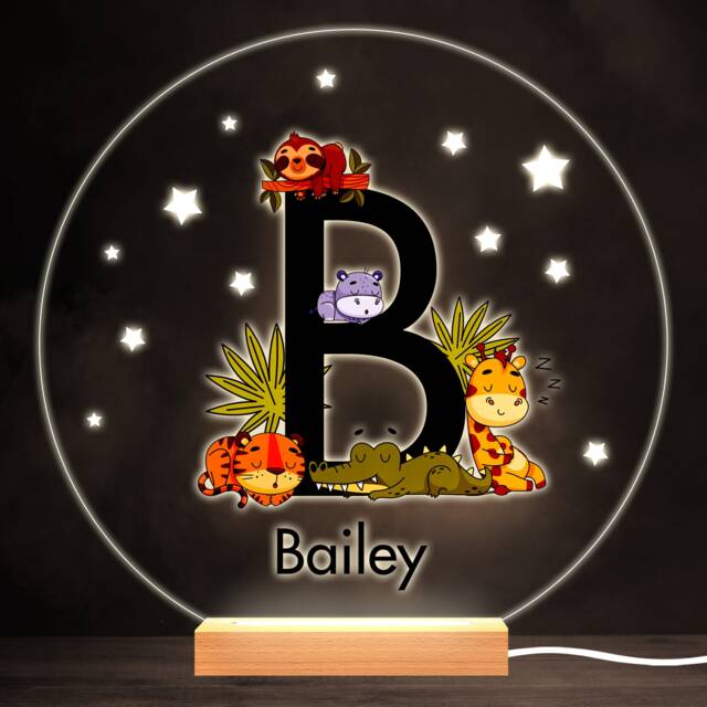 Sleeping Baby Safari Animals Letter B Round Personalised Gift Lamp Night Light - Bedroom - image 1
