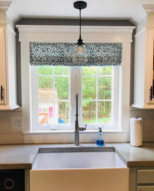 Faux Roman Shade Valance in Lotus Blue & White Print, Fully Lined, Custom Made Modern Kitchen Valance, Blue, Aqua Zen Garden Collection - image 1