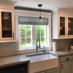 Faux Roman Shade Valance in Lotus Blue & White Print, Fully Lined, Custom Made Modern Kitchen Valance, Blue, Aqua Zen Garden Collection - thumbnail 3