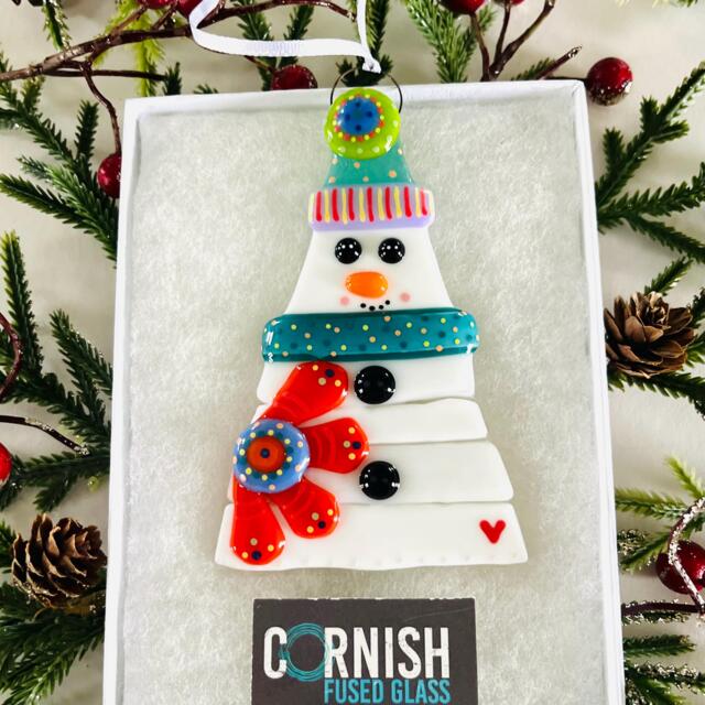 Colourful Fused Glass Floral Snowman Christmas Decoration - Tree Decoration, Fused Cornwall, Cornish - image 1