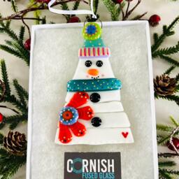 Colourful Fused Glass Floral Snowman Christmas Decoration - Tree Decoration, Fused Cornwall, Cornish - thumbnail 1