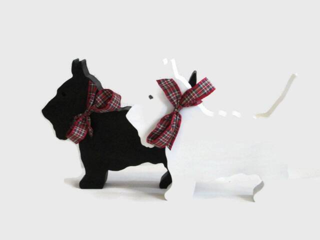 Scottie Dog Wooden Ornament - Handmade Scottish Terrier With Tartan Ribbon - image 1