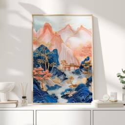 Asian Poster, Art, Decor, Navy Blue Wall Home Chinese Artwork, Print, Gift - thumbnail 1