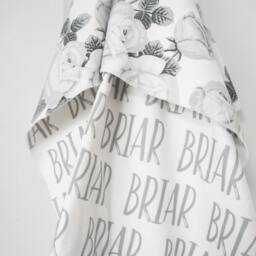 Personalized Organic Cotton Baby Blanket - Gray Floral, Reversible Name - thumbnail 3