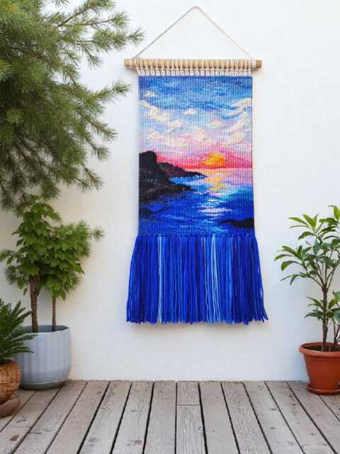 Handwoven Sunset Tapestry - Coastal Wall Hanging With Ocean View Boho Beach Home D??cor Fiber Art On Wooden Dowel - image 1