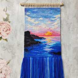 Handwoven Sunset Tapestry - Coastal Wall Hanging With Ocean View Boho Beach Home D??cor Fiber Art On Wooden Dowel - thumbnail 3