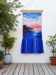 Handwoven Sunset Tapestry - Coastal Wall Hanging With Ocean View Boho Beach Home D??cor Fiber Art On Wooden Dowel - thumbnail 1