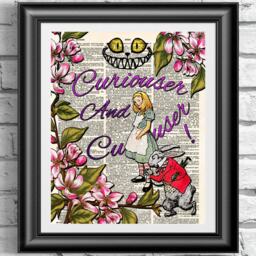 Original Art Print On Antique Dictionary Book Page Alice in Wonderland Curiouser & Curiouser. Home Decor Mixed Media Wall Hangings - thumbnail 1