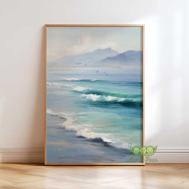 Ocean Shore Painting Wall Art, Coastal Wave Seascape Poster, Soft Blue Sea Print, Minimal Beach Decor, Tranquil Calm Art - image 1