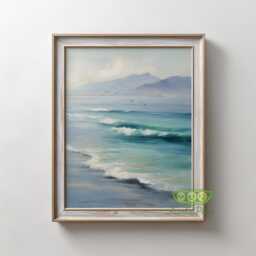 Ocean Shore Painting Wall Art, Coastal Wave Seascape Poster, Soft Blue Sea Print, Minimal Beach Decor, Tranquil Calm Art - thumbnail 2