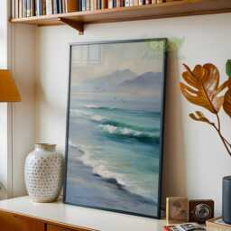 Ocean Shore Painting Wall Art, Coastal Wave Seascape Poster, Soft Blue Sea Print, Minimal Beach Decor, Tranquil Calm Art - thumbnail 3